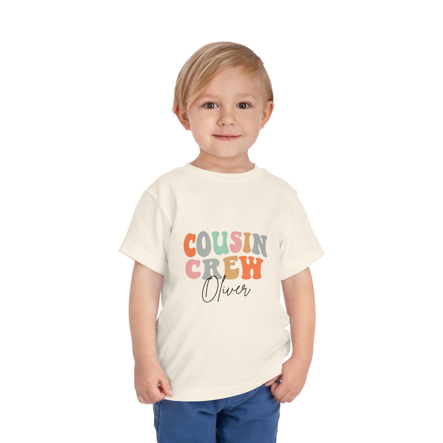 Toddler 'Cousin Crew' Personalized Tee — Cute Retro Color Block Kids Shirt (Name Customizable)