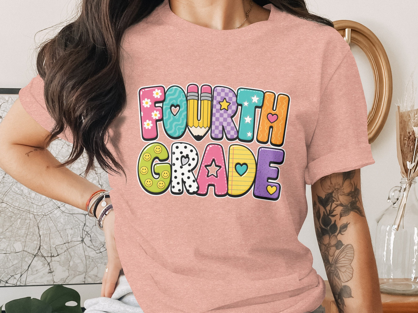 "Fourth Grade" text graphic with decorative lettering and school icons.
