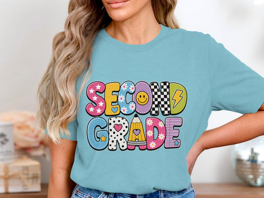 Aqua shirt with "SECOND GRADE" in colorful, patterned letters