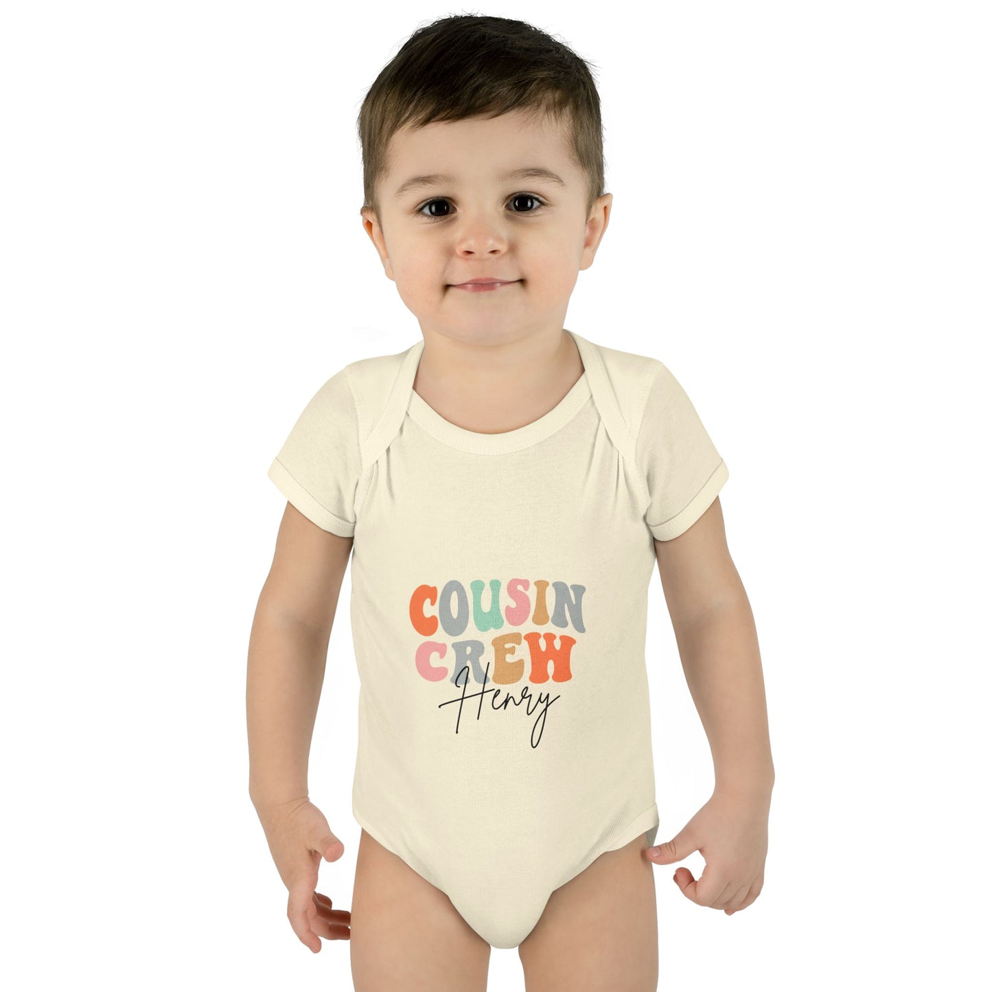 Baby Onesie 'Cousin Crew' Personalized Tee — Cute Retro Color Block Kids Shirt (Name Customizable)