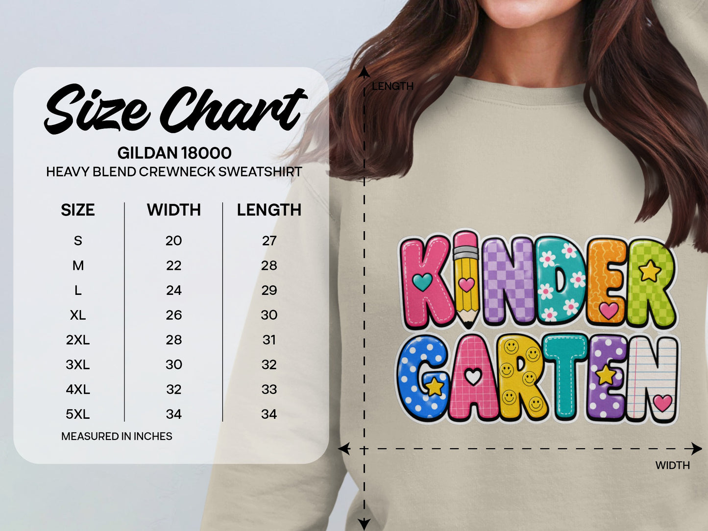 Gildan 18000 size chart for heavy blend crewneck sweatshirts with "Kindergarten" graphic.