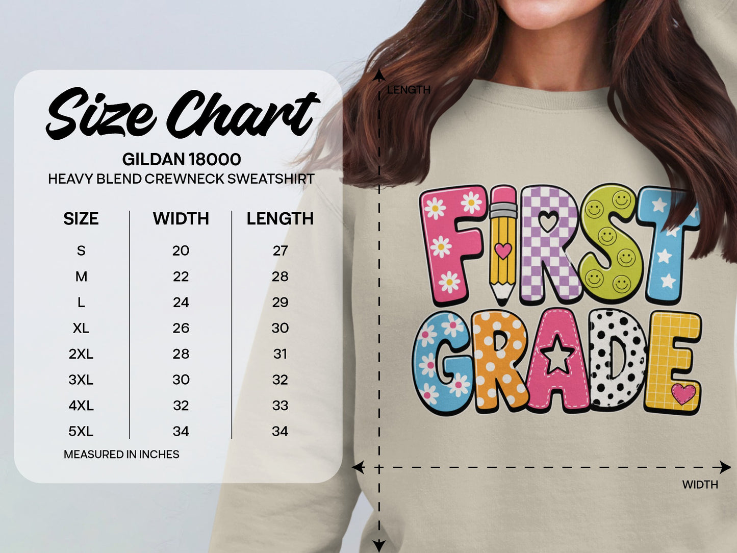 Gildan 18000 sweatshirt size chart with measurements for First Grade graphic.