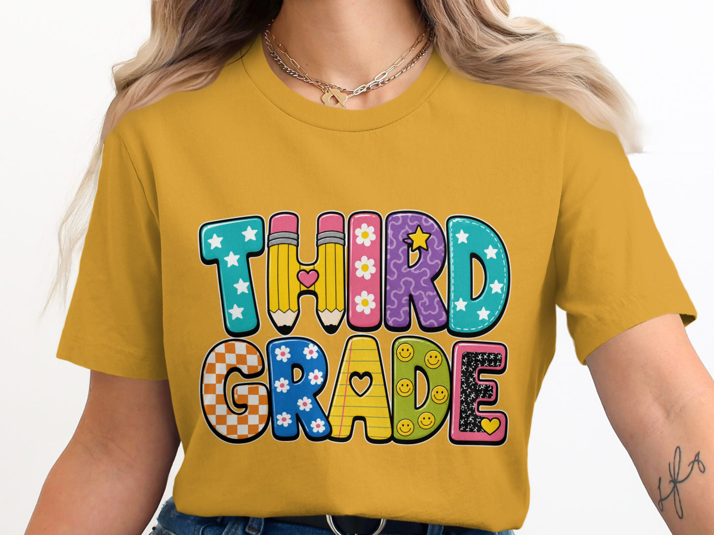 Third Grade text design with colorful letters and school-themed graphics.