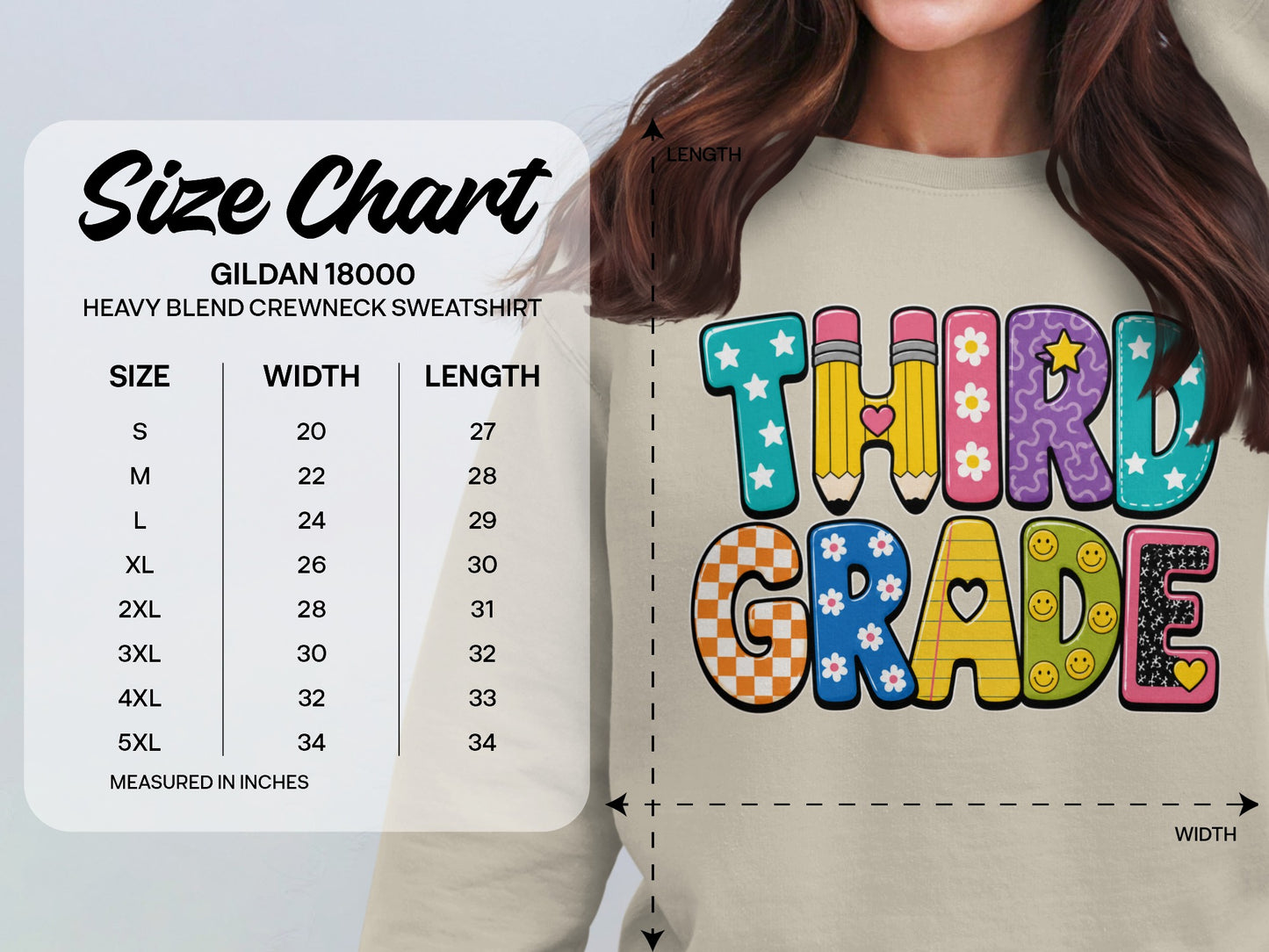 Gildan 18000 size chart for heavy blend crewneck sweatshirt with "Third Grade" graphic.