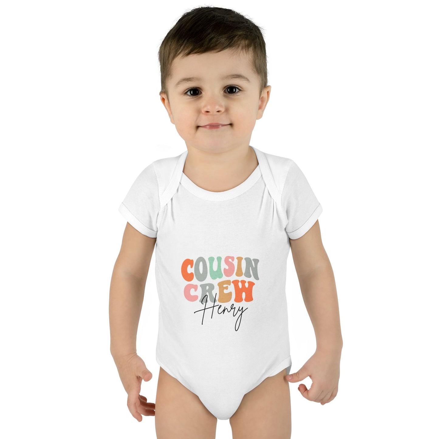 Baby Onesie 'Cousin Crew' Personalized Tee — Cute Retro Color Block Kids Shirt (Name Customizable)