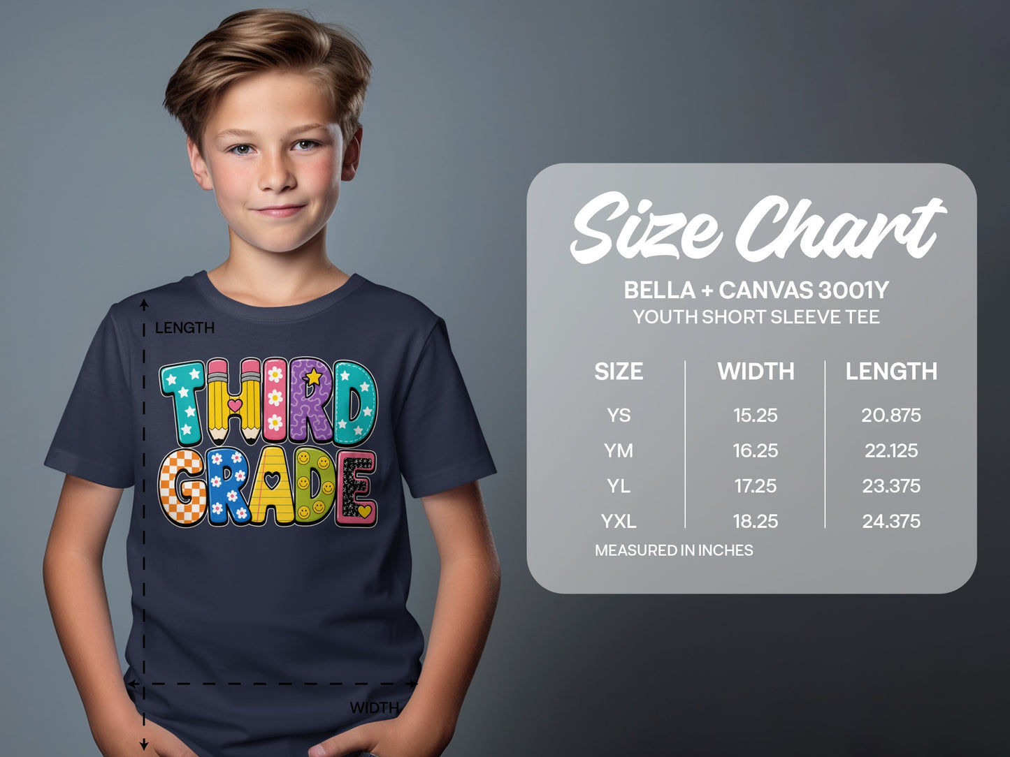 Youth shirt with "Third Grade" graphic and size chart including measurements.
