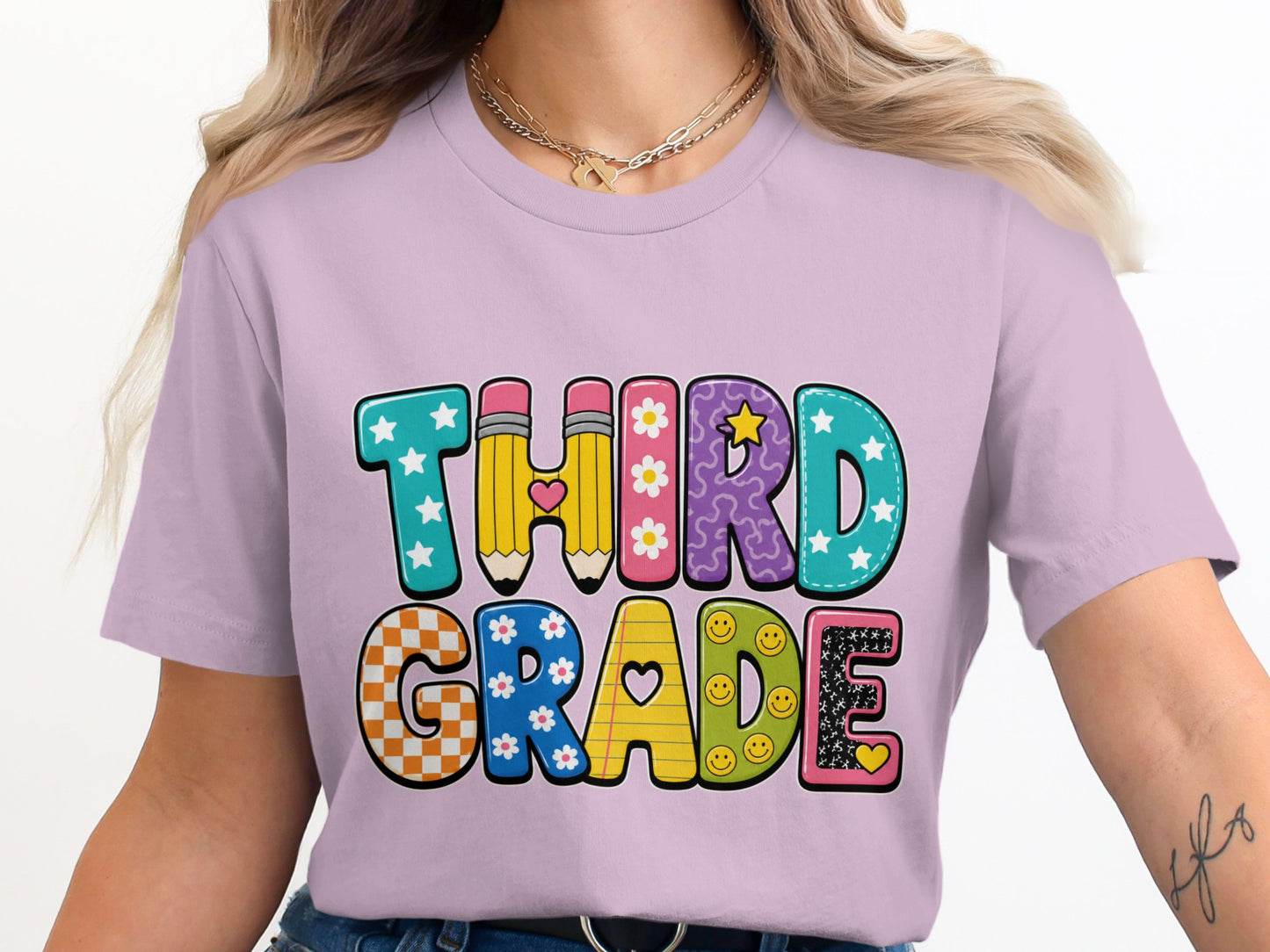 Third Grade lettering with colorful patterns, pencils, flowers, stars, and smiley faces.
