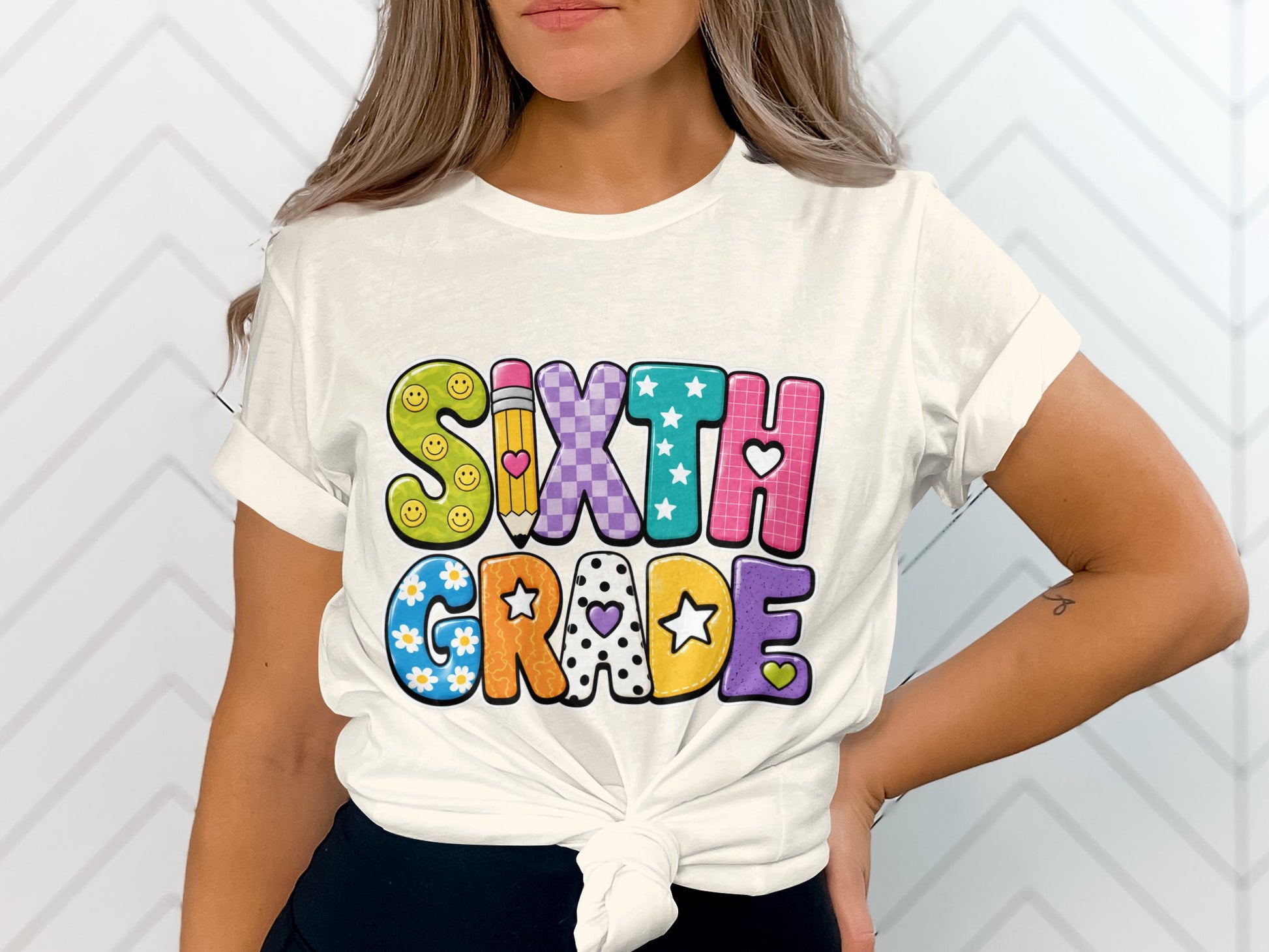 Sixth Grade text with colorful smiley faces, pencil, hearts, and stars.