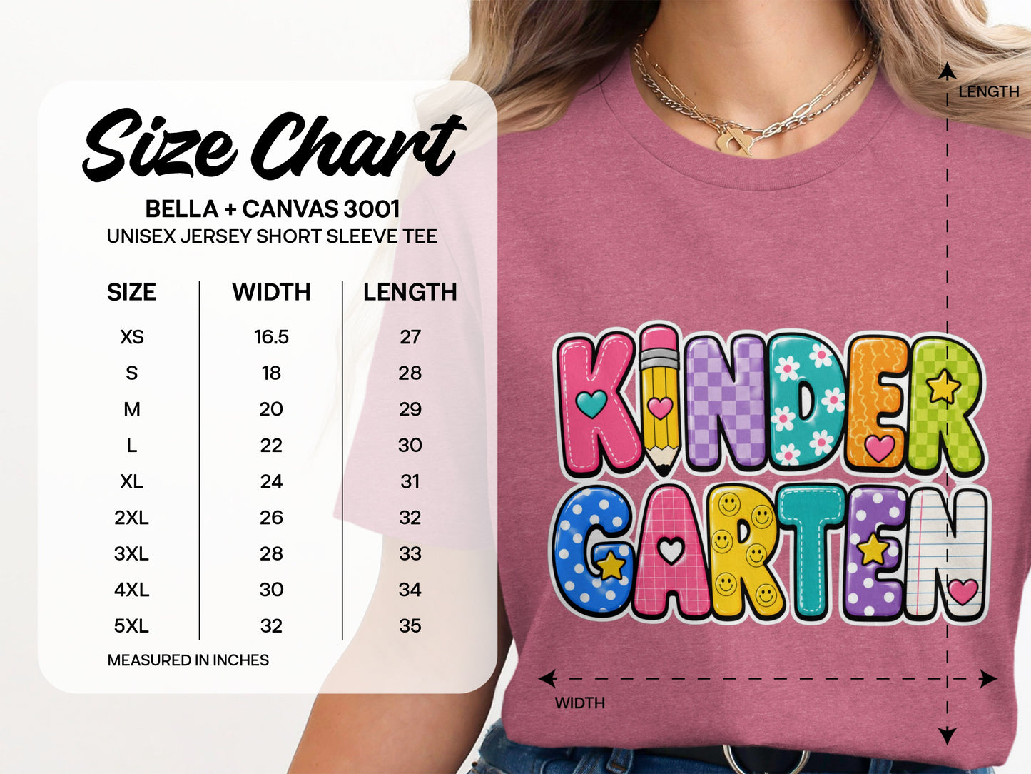 Size chart for Bella + Canvas 3001 unisex jersey short sleeve tee.