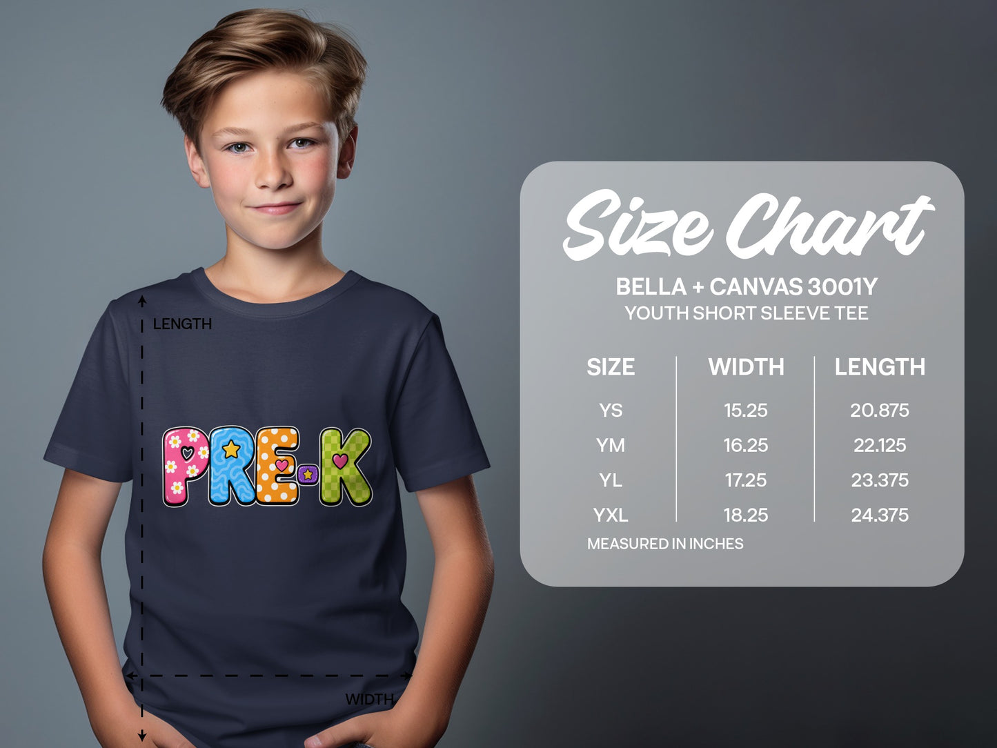 Boy wearing dark t-shirt with "PRE-K" printed in colorful letters and size chart.