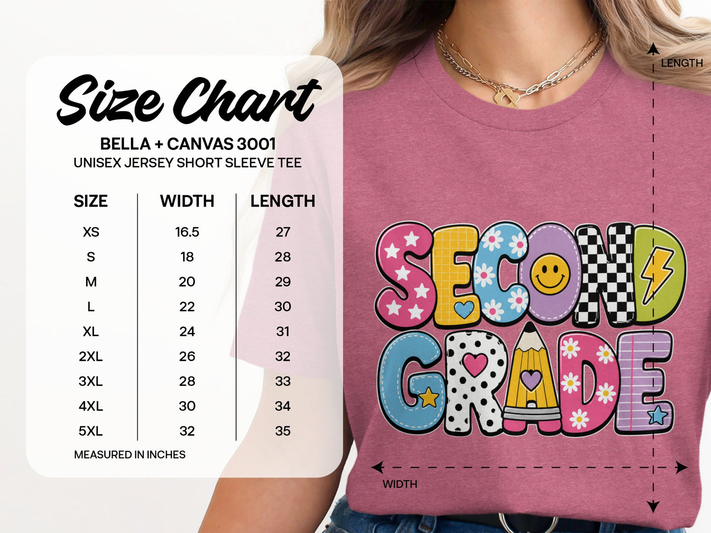 Unisex Bella+Canvas 3001 tee size chart, width and length measurements in inches.