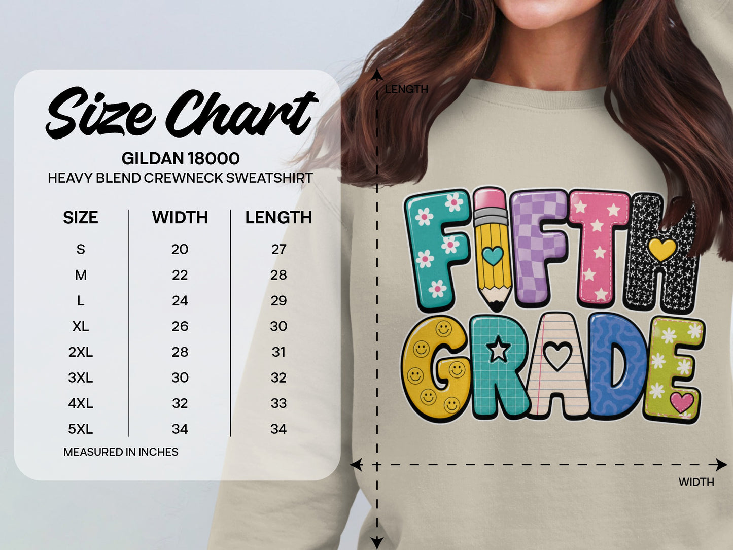 Gildan 18000 size chart for heavy blend crewneck sweatshirts, featuring "Fifth Grade" graphic.