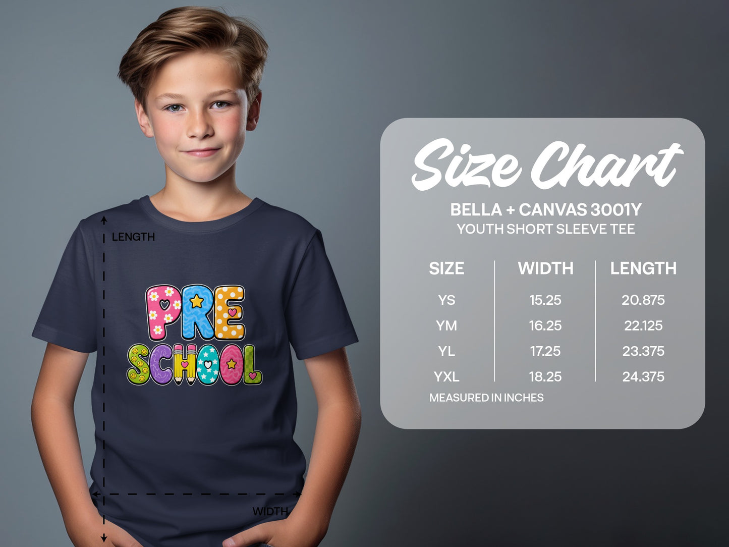 Youth t-shirt size chart for Bella+Canvas 3001Y with "Preschool" graphic.