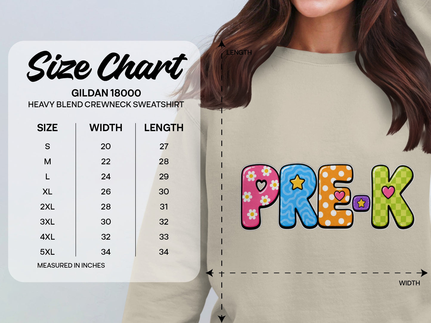 Gildan 18000 Heavy Blend crewneck sweatshirt size chart with width and length in inches.