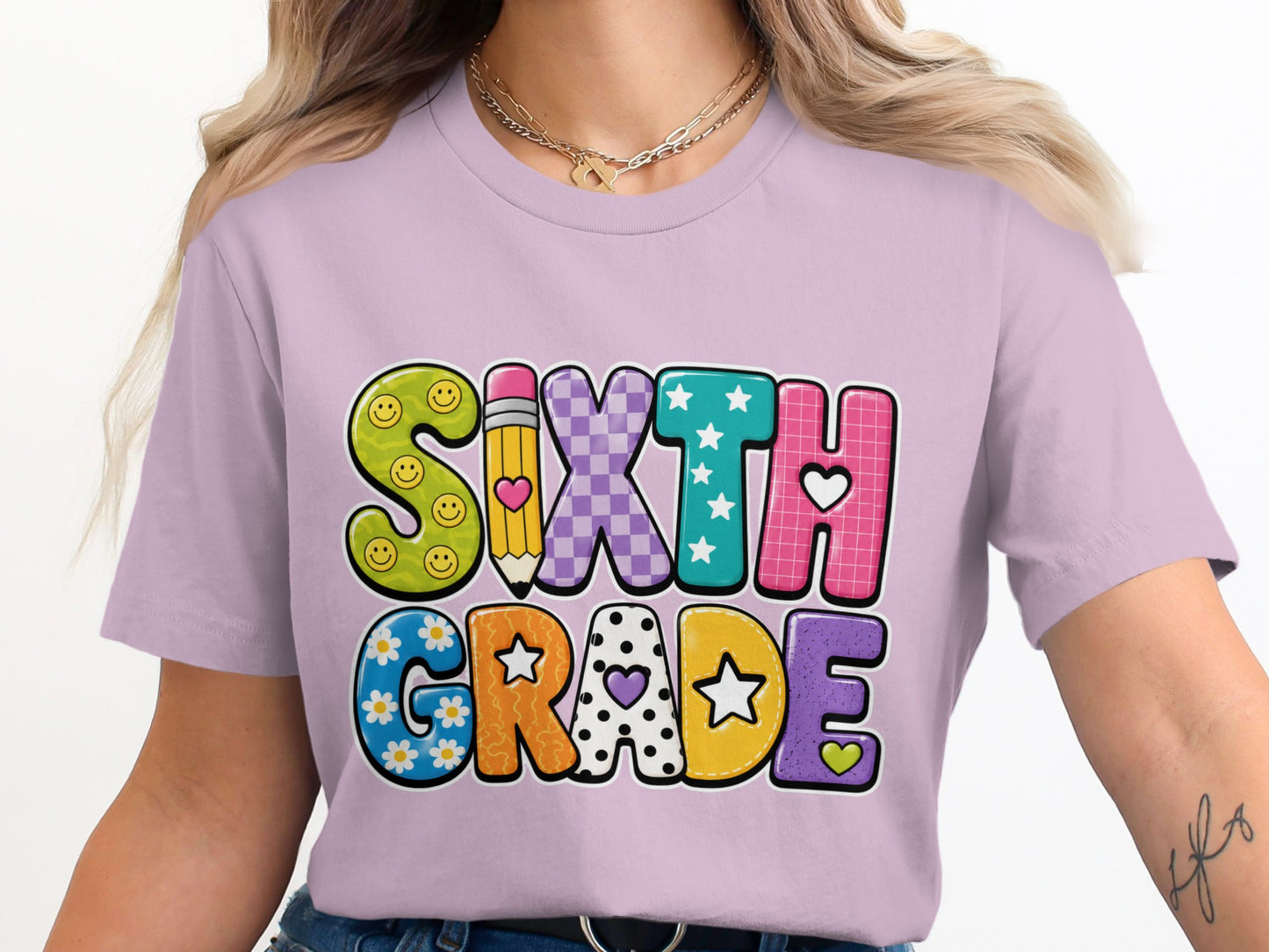 Sixth Grade text with colorful patterned letters and smiley faces.