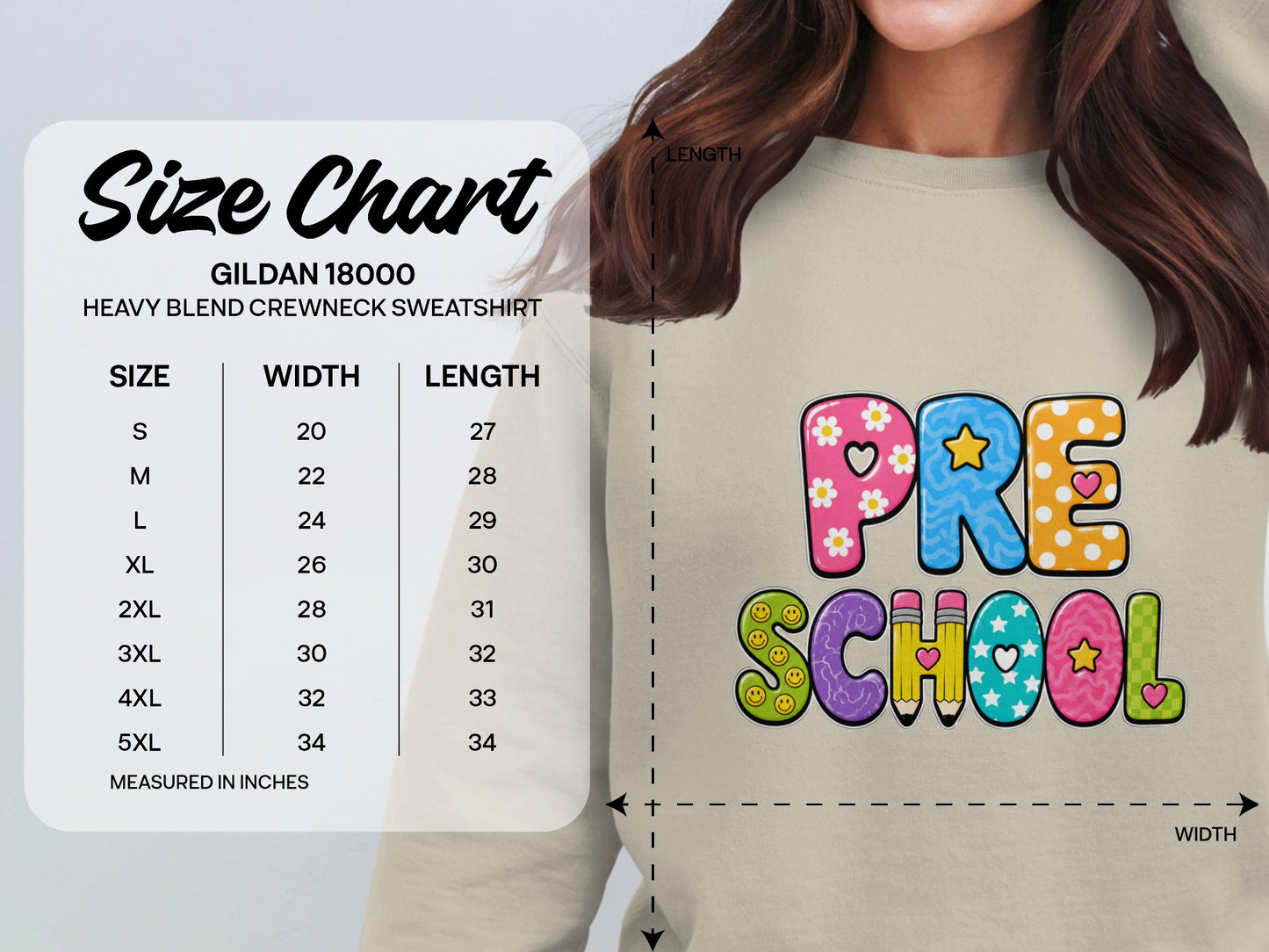 Size chart for Gildan 18000 heavy blend sweatshirt with "PRE SCHOOL" graphic.