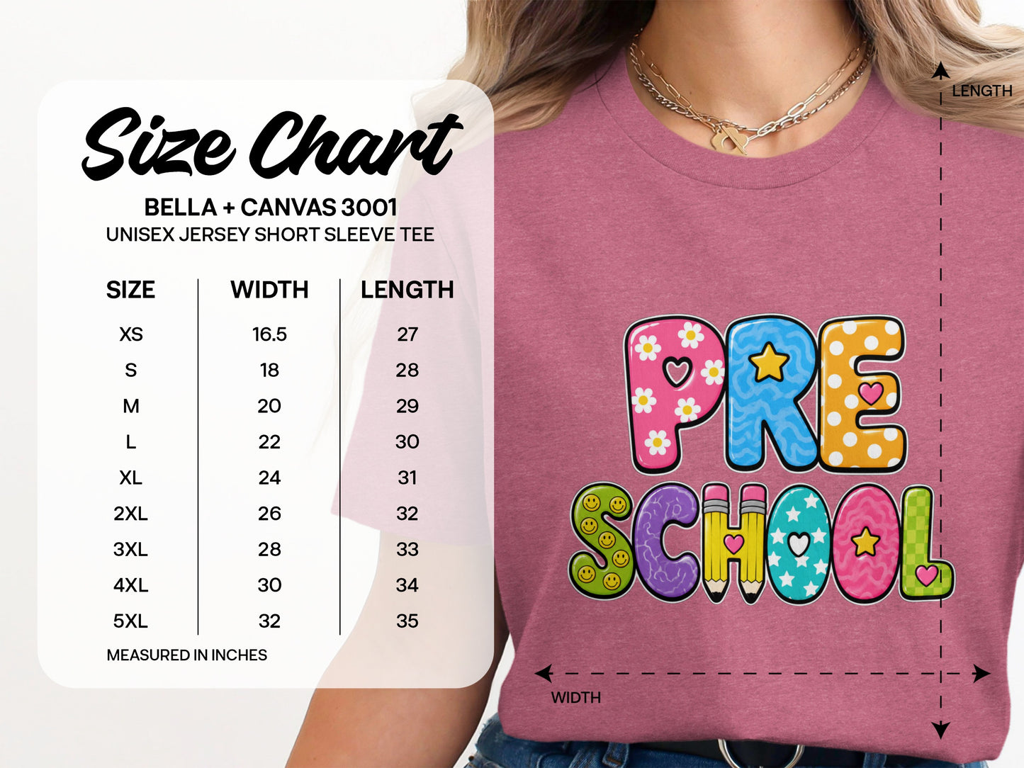 Bella + Canvas 3001 unisex jersey t-shirt size chart with "Preschool" graphic.