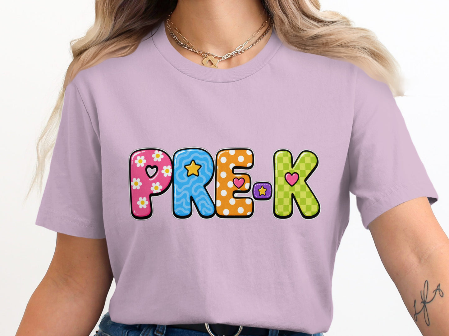 Pink t-shirt with "PRE-K" text in cartoon-style colorful letters.