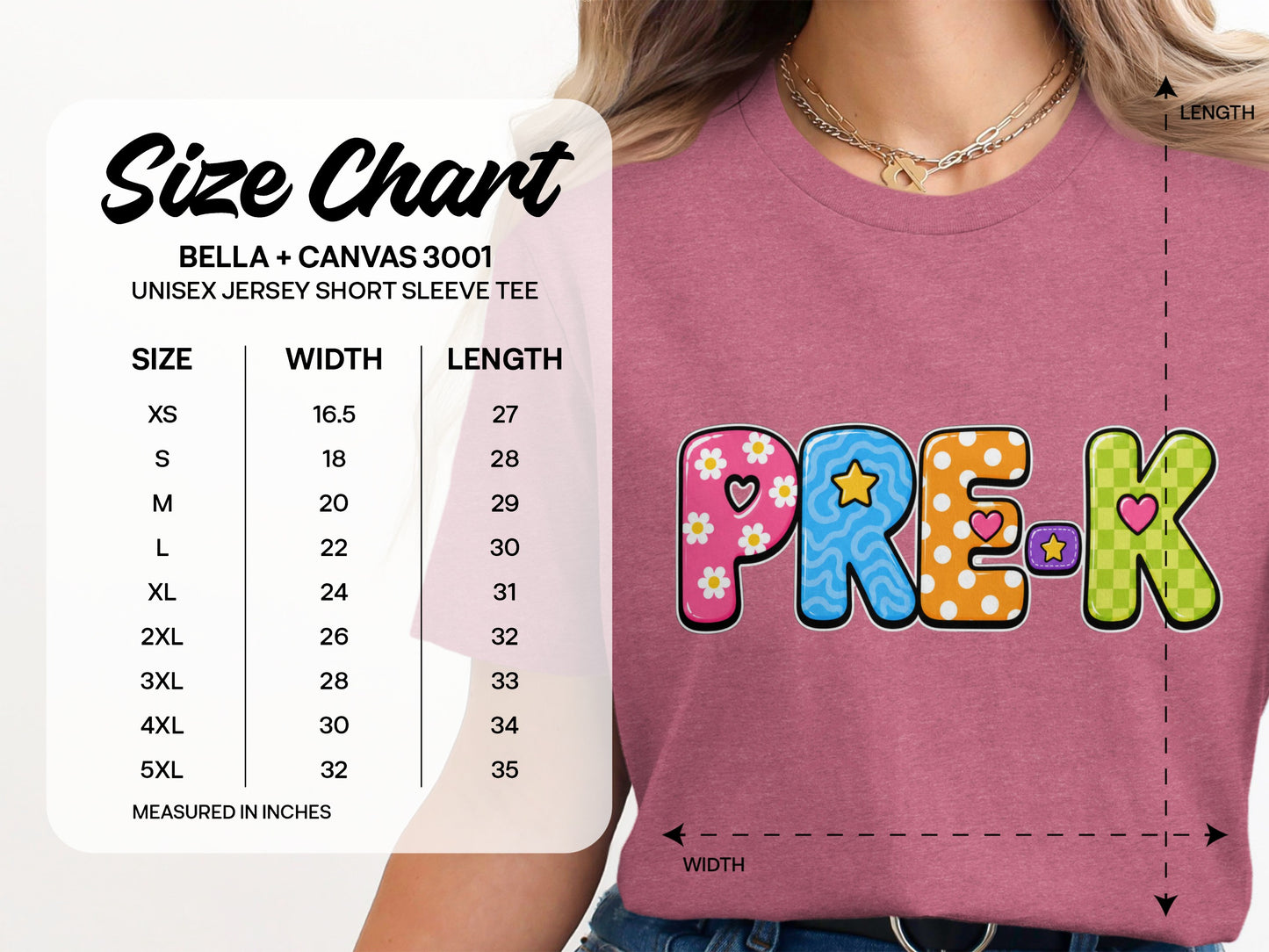 Size chart for Bella + Canvas 3001 unisex jersey short sleeve tee with PRE-K graphic.