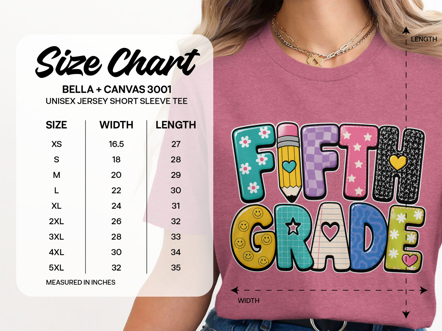 Fifth Grade unisex short sleeve tee size chart with width and length measurements.