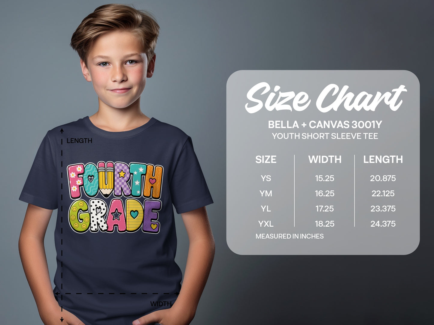 T-shirt with "FOURTH GRADE" text and Bella + Canvas youth size chart.
