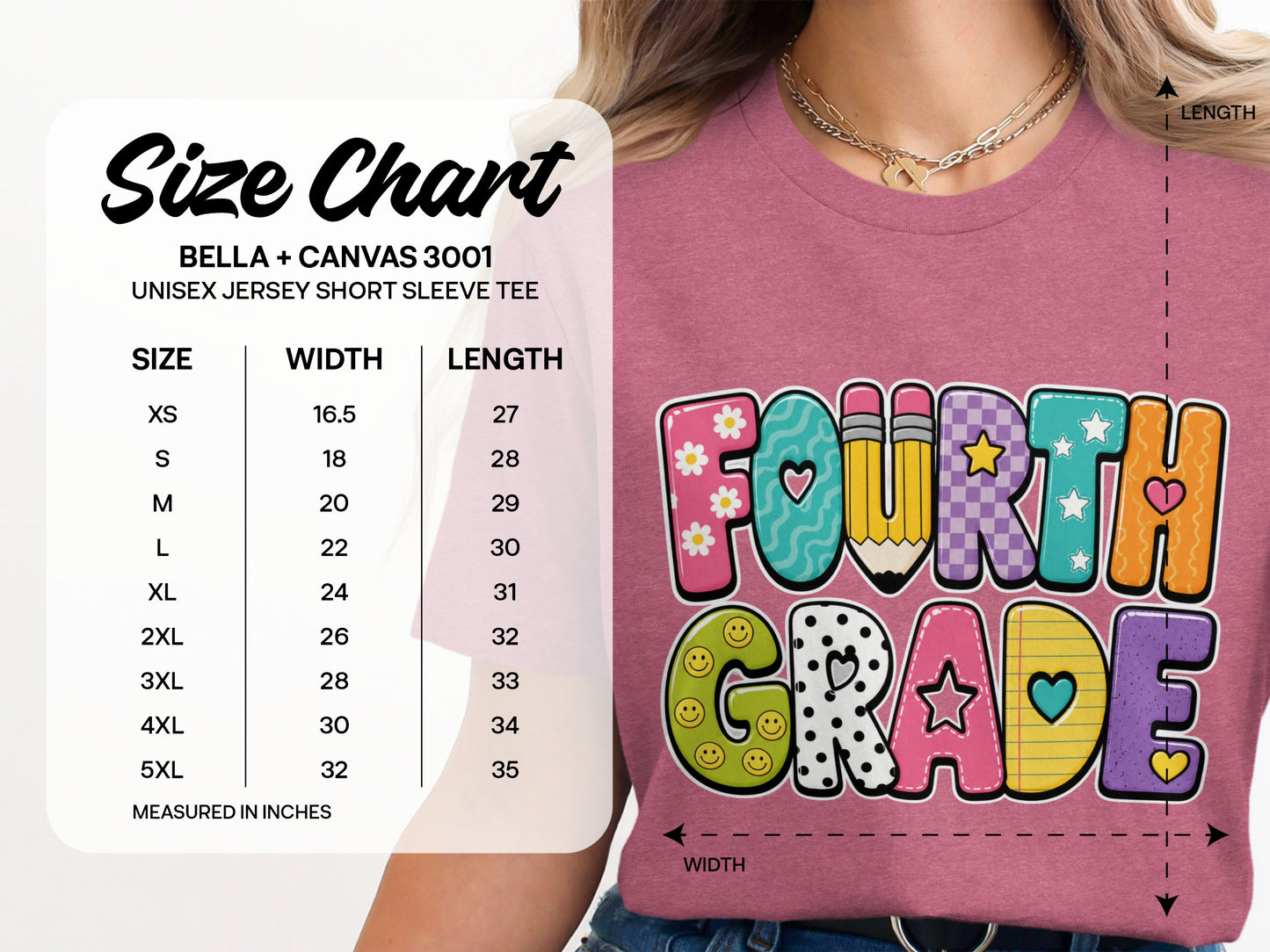 Bella + Canvas 3001 unisex short sleeve tee with size chart and "FOURTH GRADE" graphic.