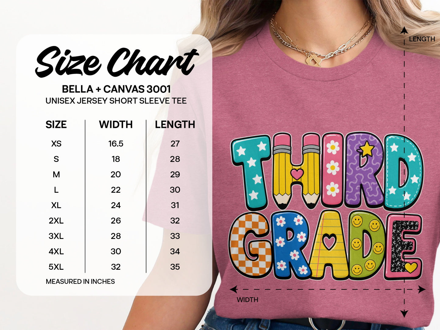Bella + Canvas 3001 size chart for a unisex short sleeve tee.