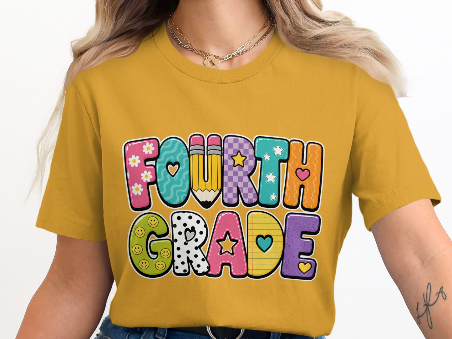 Yellow t-shirt with colorful "FOURTH GRADE" text and smiley faces.