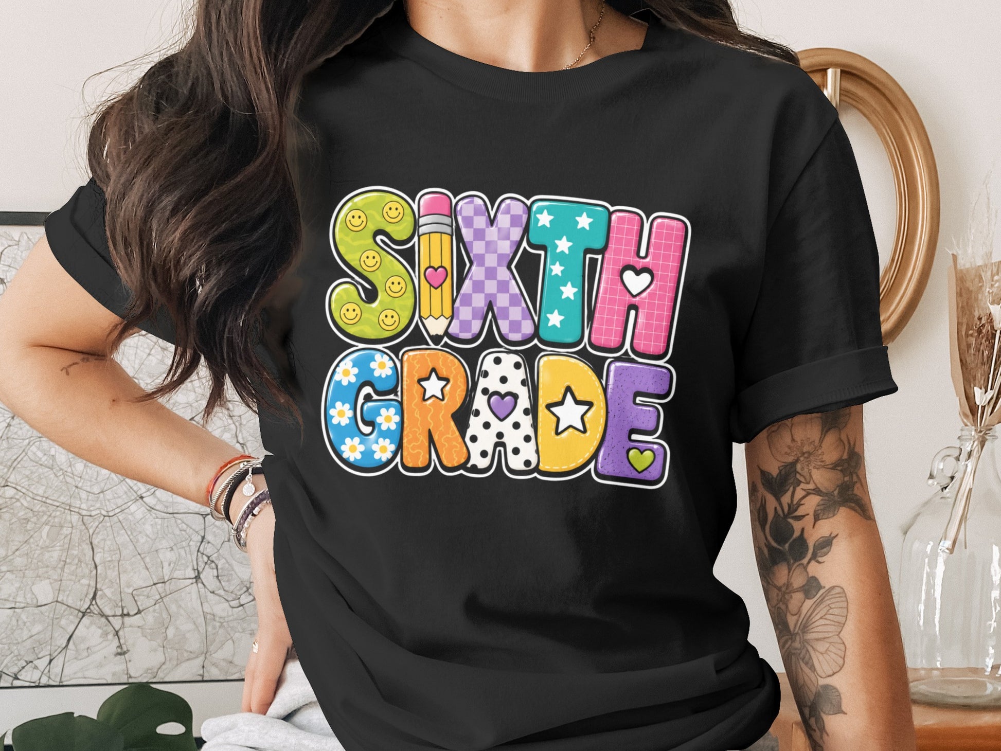 Sixth Grade text with smiley faces, pencil, checkerboard, stars, flowers, and hearts.