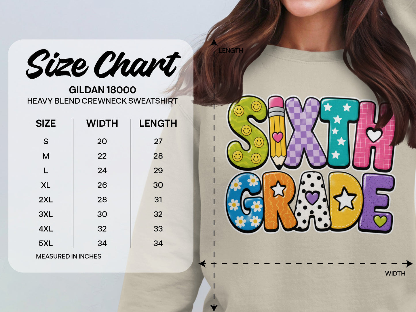 Sixth Grade sweatshirt with size chart and measurement indicators.