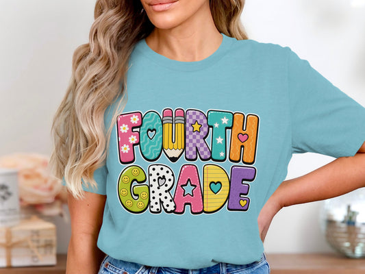 "Fourth Grade" text with colorful distressed letters featuring school-themed graphics.