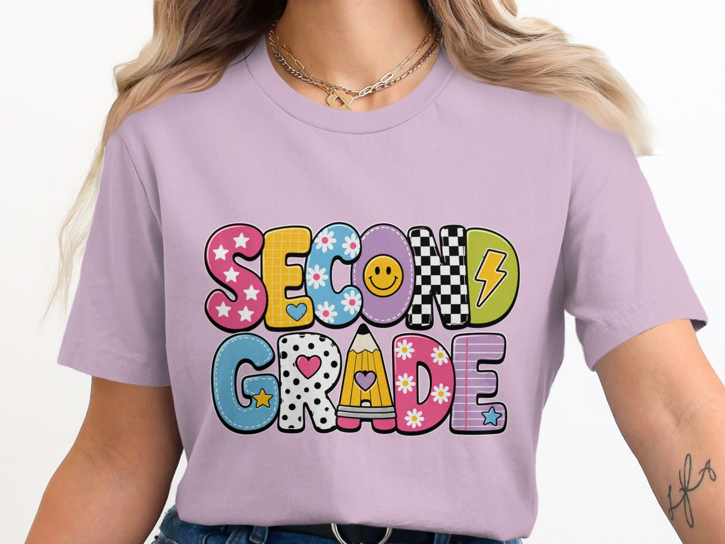 Second Grade colorful retro lettering with school themed graphics.