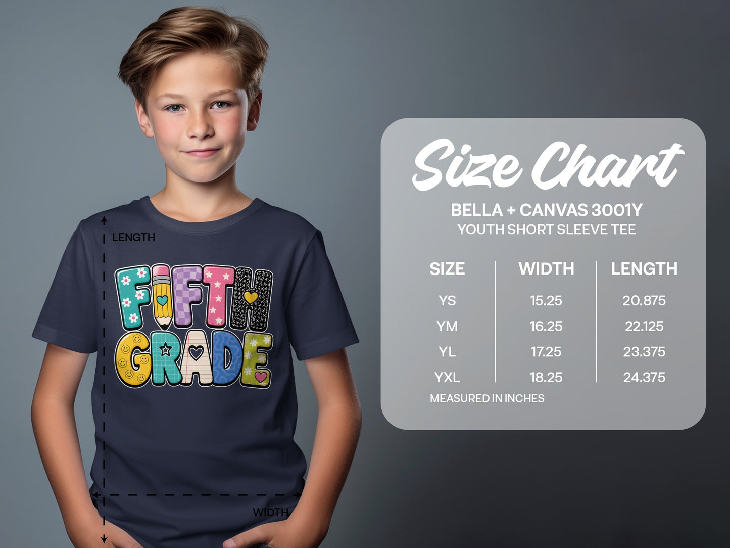 Boy wearing a "Fifth Grade" graphic tee, with a size chart displayed.