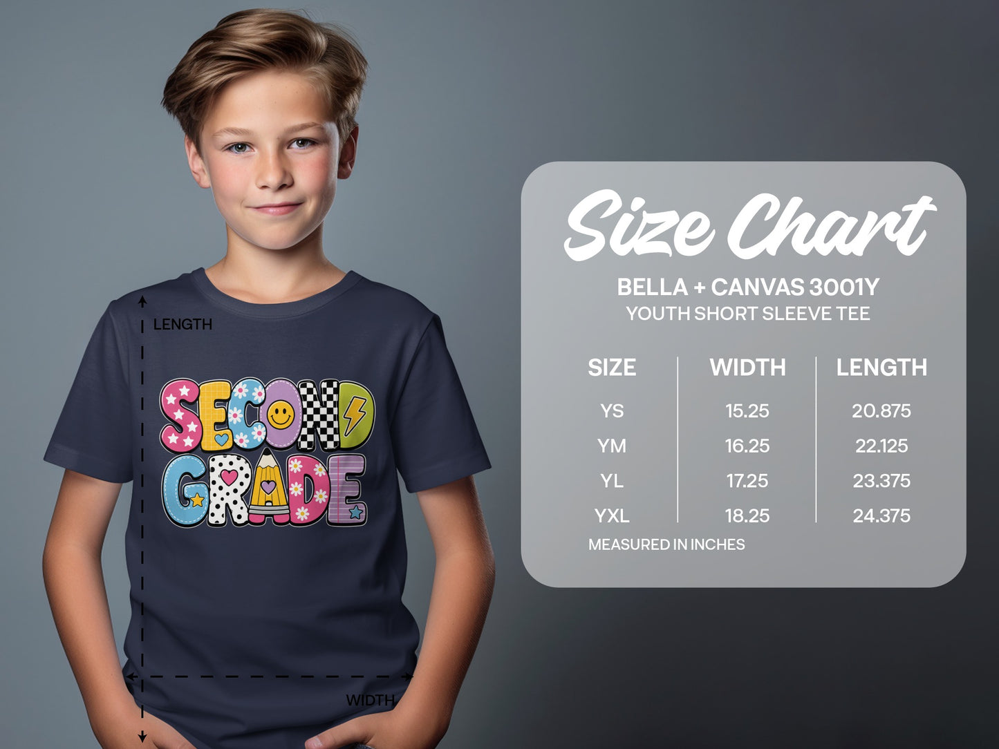 Boy wearing a t-shirt with "Second Grade" text and a size chart.