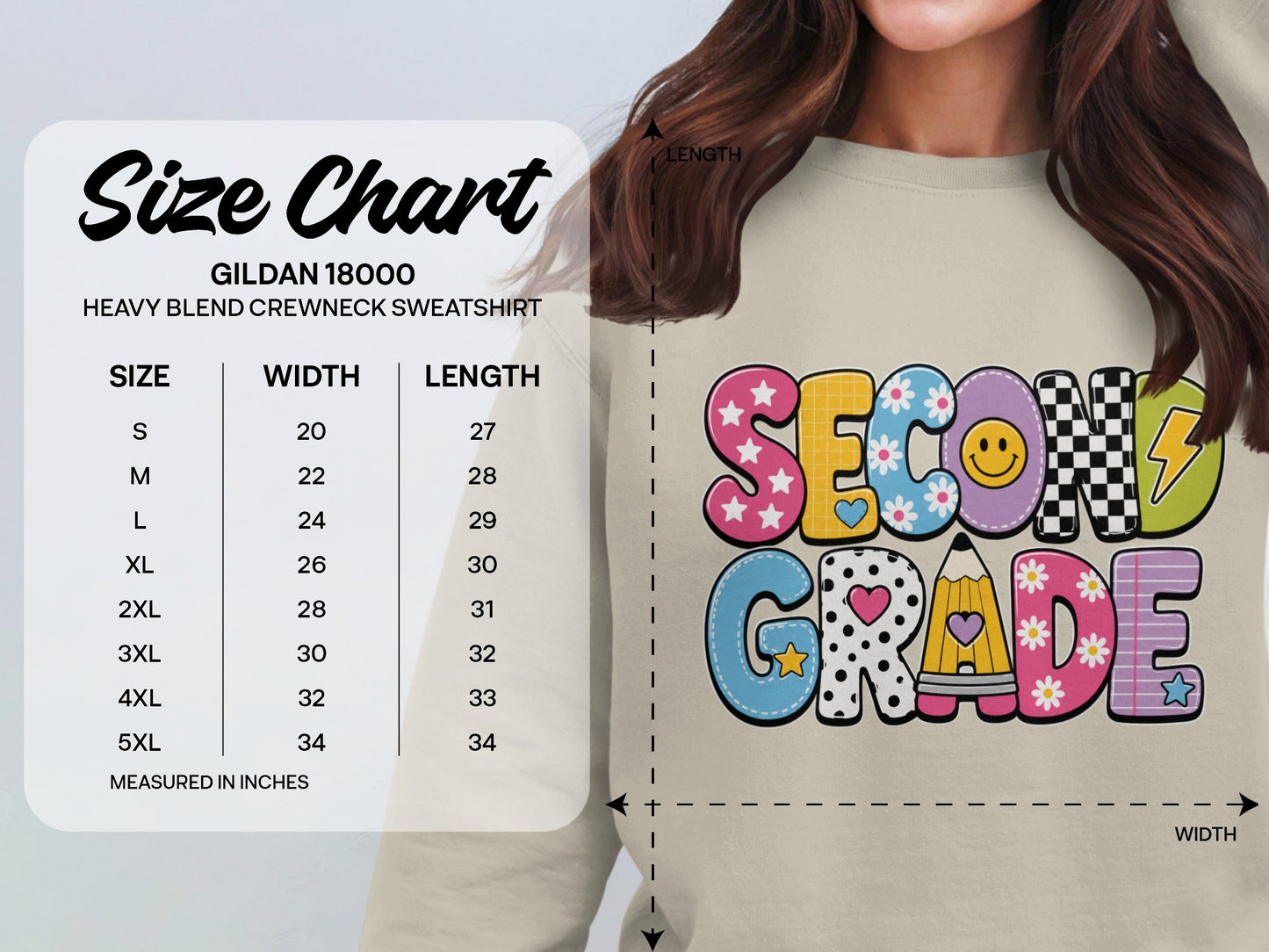 Size chart for Gildan 18000 Heavy Blend crewneck sweatshirt with Second Grade graphic.