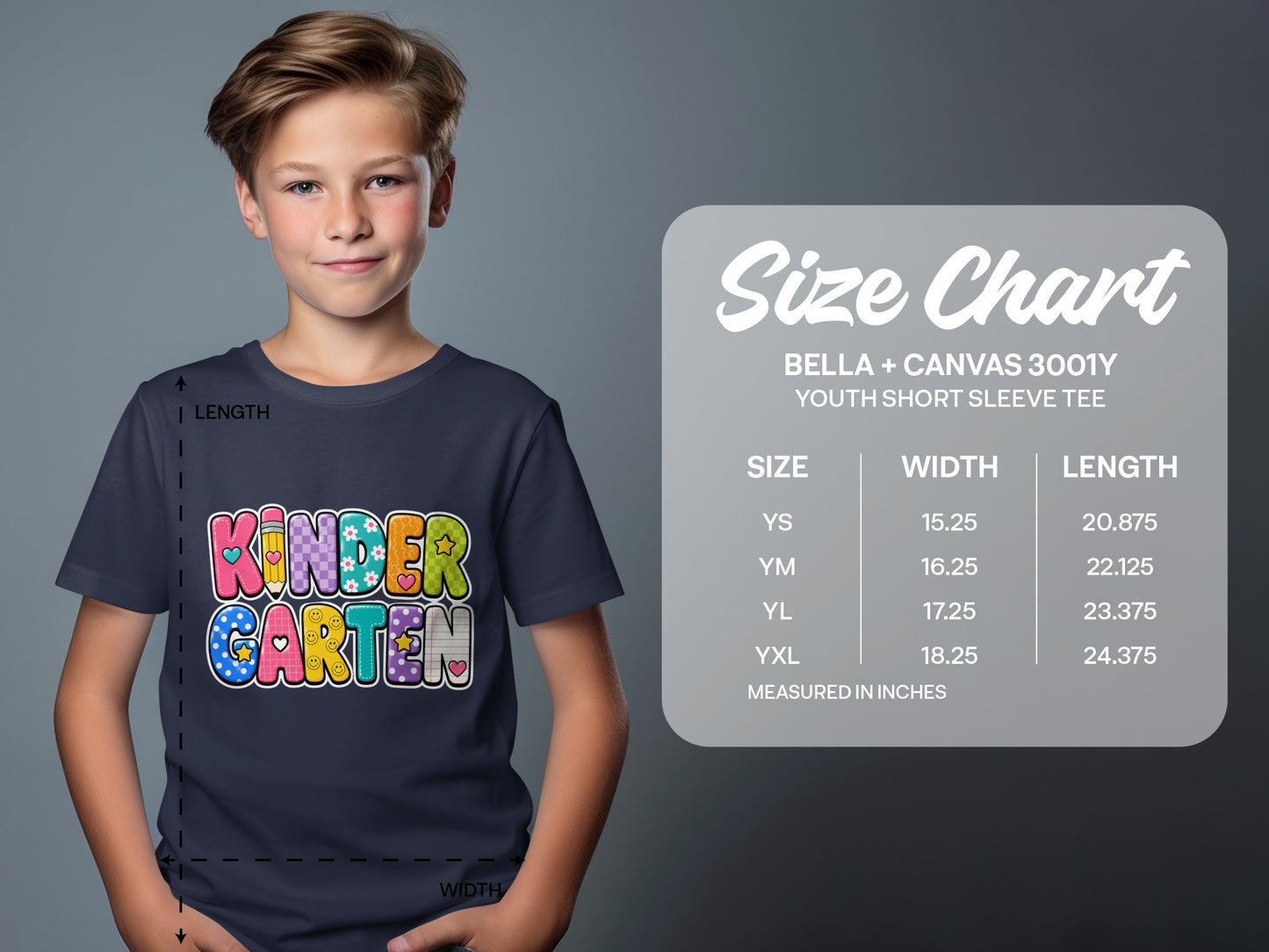 T-shirt with "Kindergarten" graphic and Bella + Canvas youth size chart.