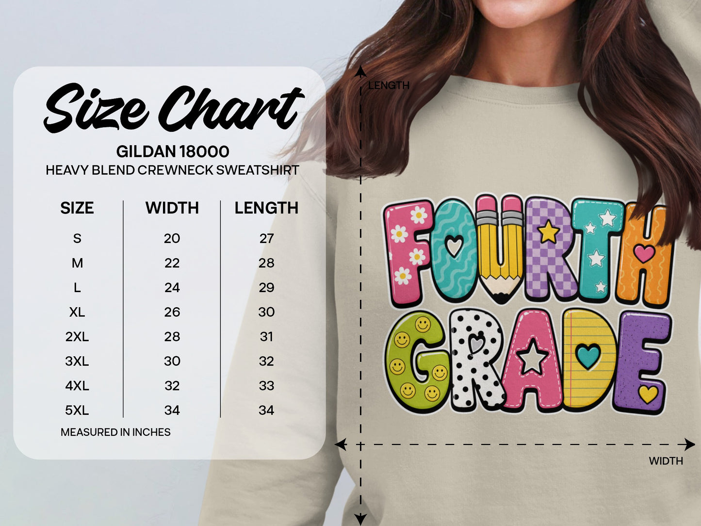 Gildan 18000 sweatshirt size chart for Fourth Grade graphic.