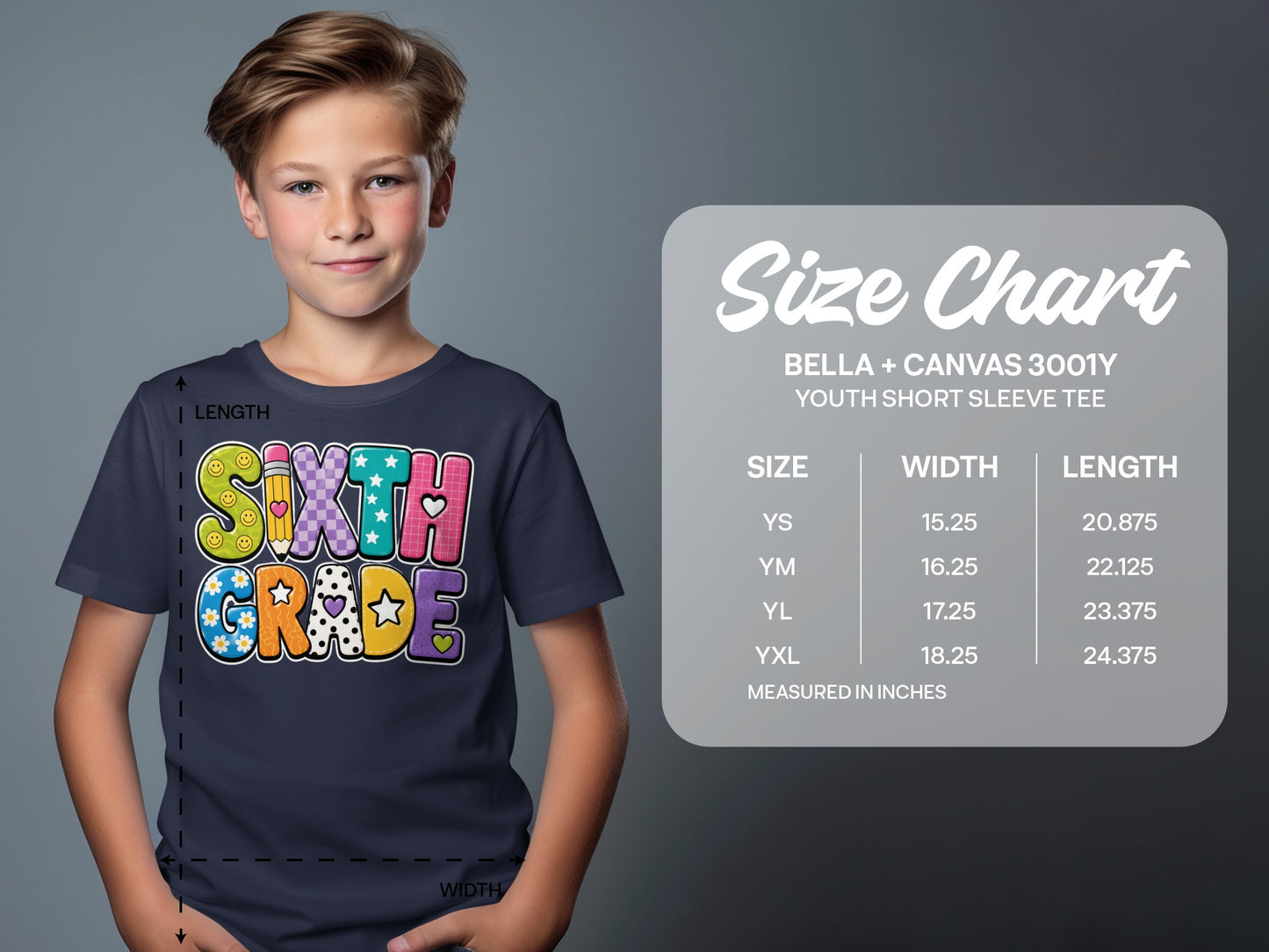 Boy in a "Sixth Grade" t-shirt next to size chart for Bella + Canvas 3001Y youth tee.