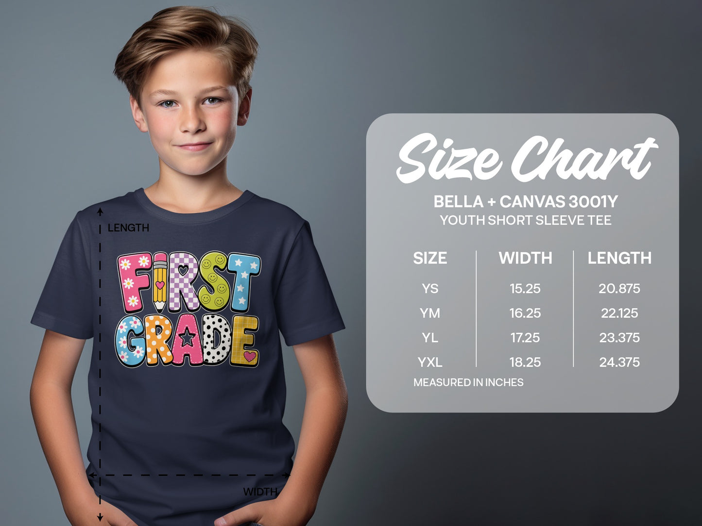 T-shirt with "First Grade" graphic and a size chart with measurements.
