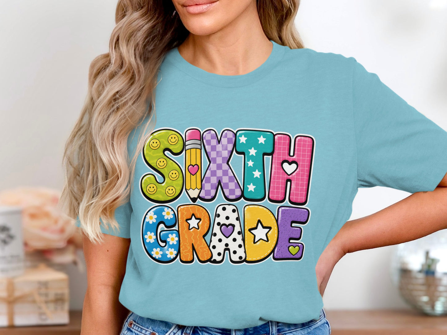 Sixth Grade text with smiley faces, pencil, checkerboard, stars, flowers, and hearts.